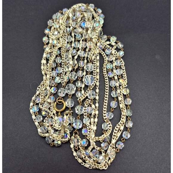 Multi Strand Necklace Clear AB Wash Beads Gold Tone Curb Chain & Snail Chain 55" - Picture 5 of 7